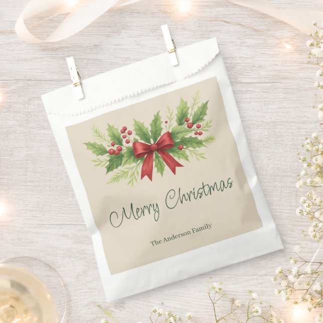 Elegant Holly & Red Bow Christmas -  Favor Bag (Clipped)