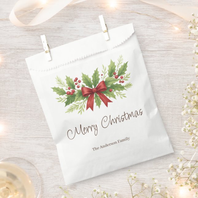 Elegant Holly & Red Bow Christmas -  Favor Bag (Clipped)