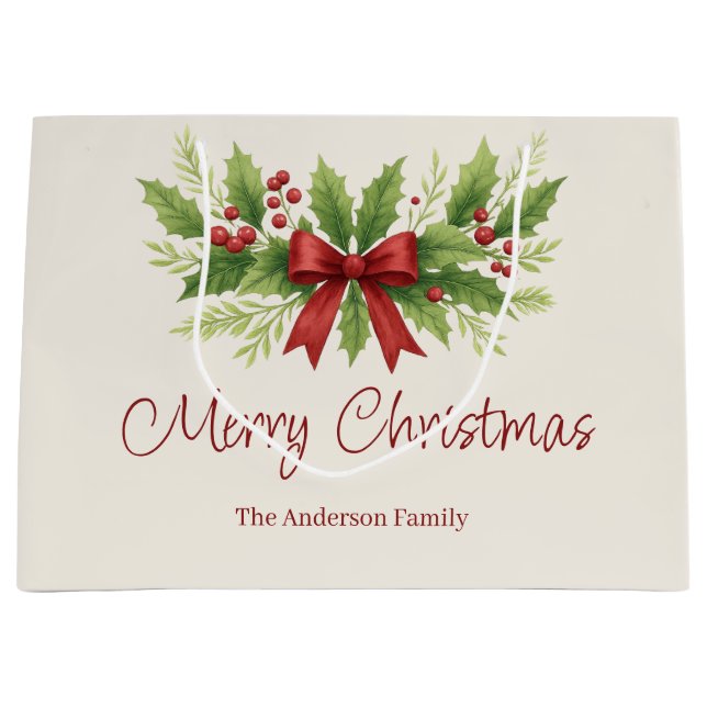 Elegant Holly & Red Bow Christmas -  Large Gift Bag (Front)