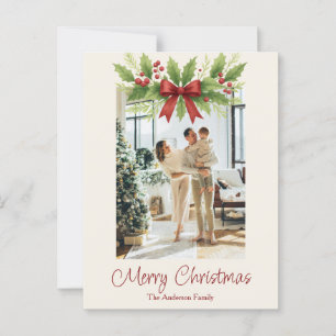 Elegant Holly & Red Bow Christmas Postcard