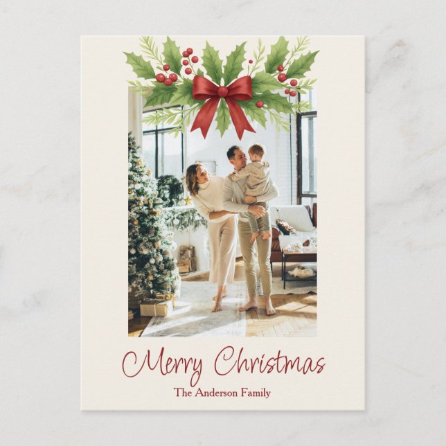 Elegant Holly & Red Bow Christmas Postcard (Front)
