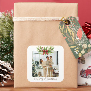 Elegant Holly & Red Bow Christmas -  Square Sticker
