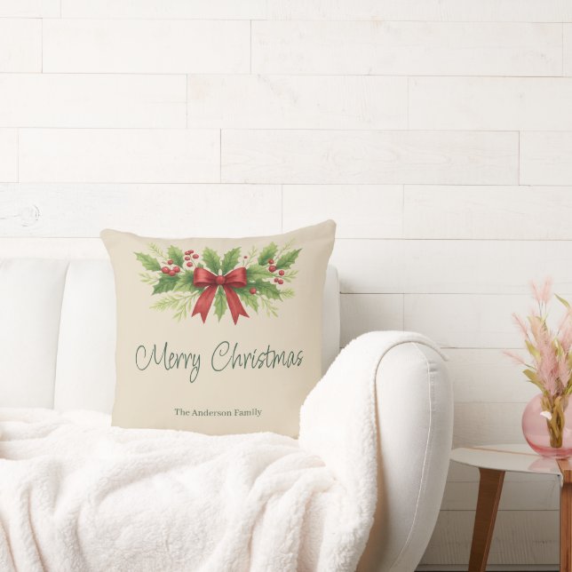 Elegant Holly & Red Bow Christmas -  Throw Pillow (Couch)