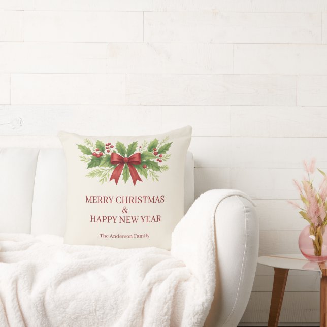 Elegant Holly & Red Bow Christmas -  Throw Pillow (Couch)