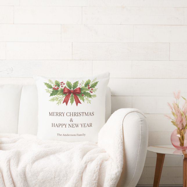 Elegant Holly & Red Bow Christmas -  Throw Pillow (Couch)
