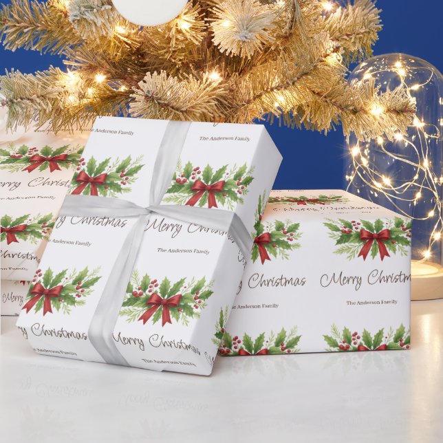 Elegant Holly & Red Bow Christmas -  Wrapping Paper (Holidays)