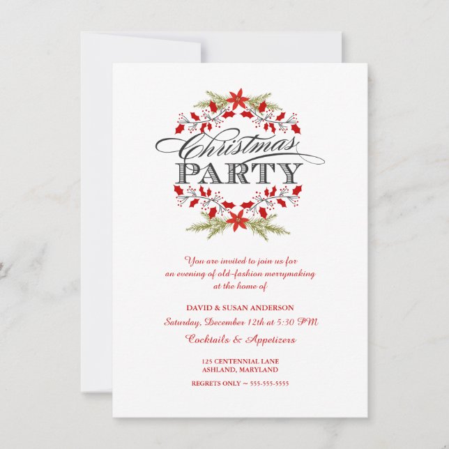 Elegant Holly Wreath Christmas Party Invitations (Front)