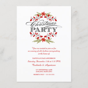 Elegant Holly Wreath Christmas Party Invitations