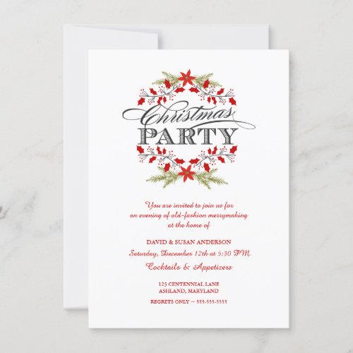 Elegant Holly Wreath Christmas Party Invitations