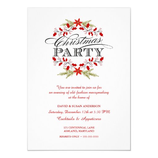 Elegant Holly Wreath Christmas Party Invitations | Zazzle