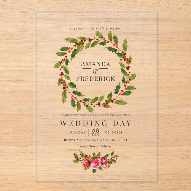 Elegant Holly Wreath Christmas Wedding Acrylic Invitations (Front)
