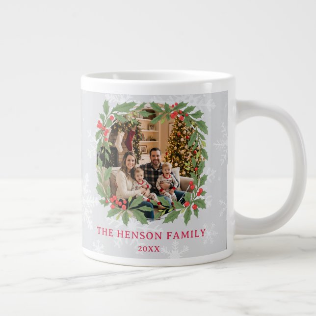 Elegant Holly Wreath Merry Christmas Family Photo Giant Coffee Mug (Right)