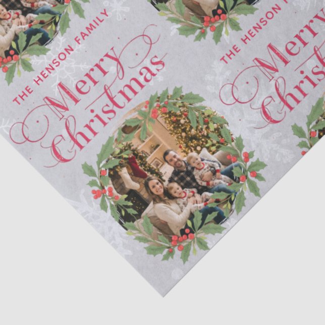 Elegant Holly Wreath Merry Christmas Family Photo Tissue Paper (Detail)