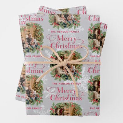 Elegant Holly Wreath Merry Christmas Family Photo Wrapping Paper Sheets