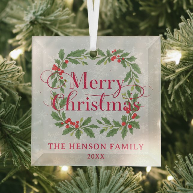 Elegant Holly Wreath Merry Christmas  Glass Ornament (Insitu)