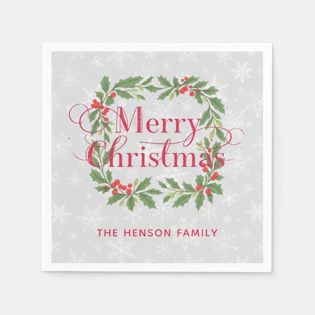 Elegant Holly Wreath Merry Christmas Napkins (Front)