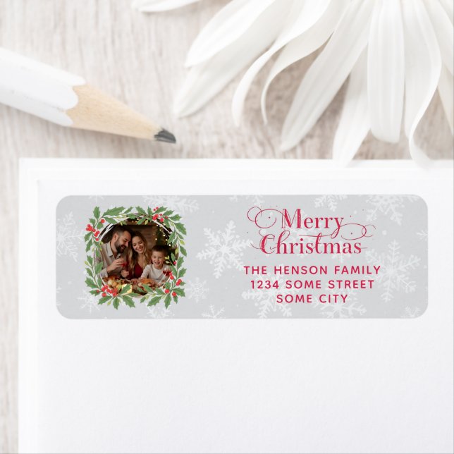 Elegant Holly Wreath Merry Christmas Photo Address Label (Insitu)