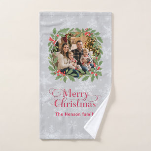 Elegant Holly Wreath Merry Christmas Photo Bath Towel Set