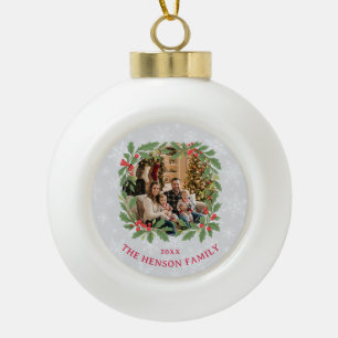 Elegant Holly Wreath Merry Christmas Photo Ceramic Ball Christmas Ornament