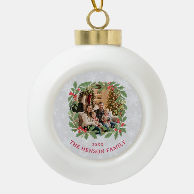 Elegant Holly Wreath Merry Christmas Photo Ceramic Ball Christmas Ornament (Front)