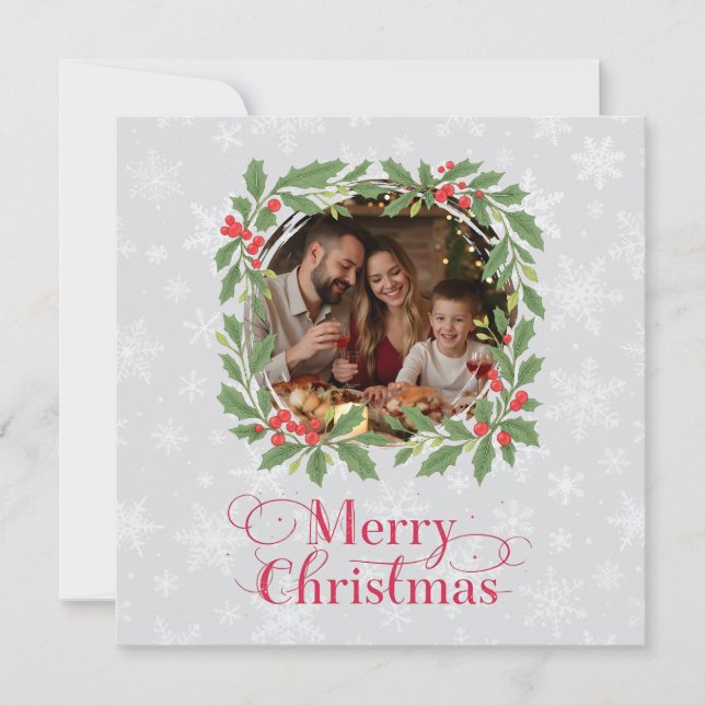 Elegant Holly Wreath Merry Christmas Photo Holiday Card (Front)