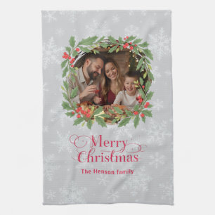 Elegant Holly Wreath Merry Christmas Photo Kitchen Towel