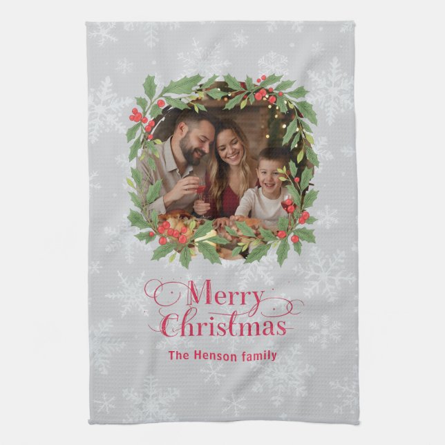 Elegant Holly Wreath Merry Christmas Photo Kitchen Towel (Vertical)