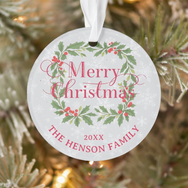 Elegant Holly Wreath Merry Christmas Photo Ornament (Tree)