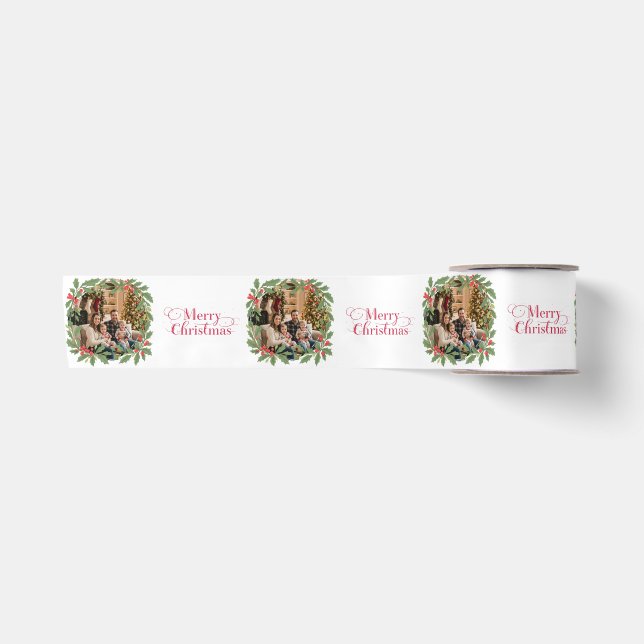 Elegant Holly Wreath Merry Christmas Photo Satin Ribbon (Front)