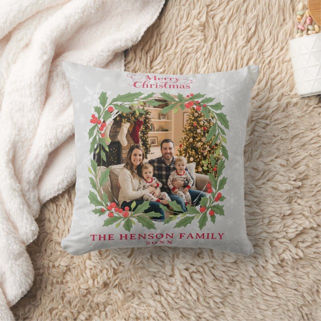 Elegant Holly Wreath Merry Christmas Photo Throw Pillow (Blanket)