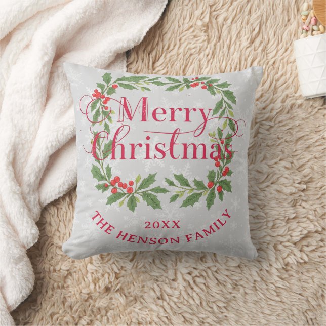 Elegant Holly Wreath Merry Christmas Photo Throw Pillow (Blanket)