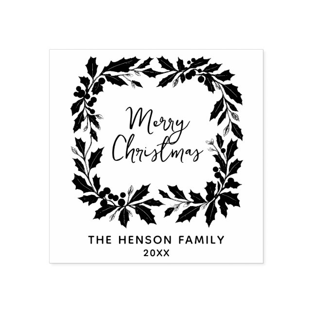 Elegant Holly Wreath Merry Christmas  Rubber Stamp (Imprint)