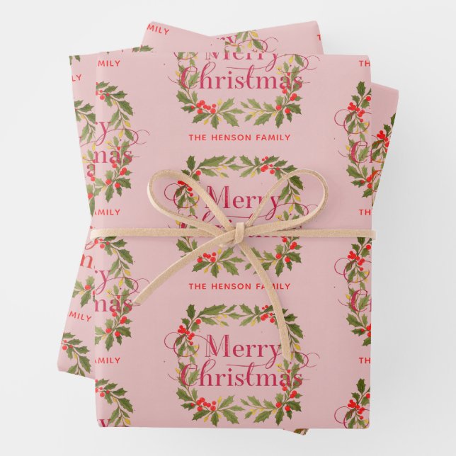 Elegant Holly Wreath Merry Christmas Wrapping Paper Sheets (In situ)