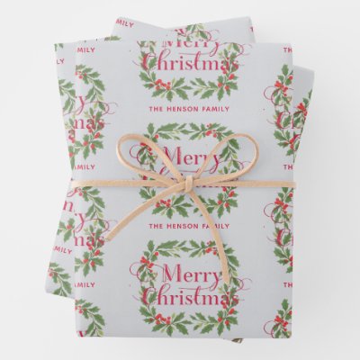 Elegant Holly Wreath Merry Christmas Wrapping Paper Sheets