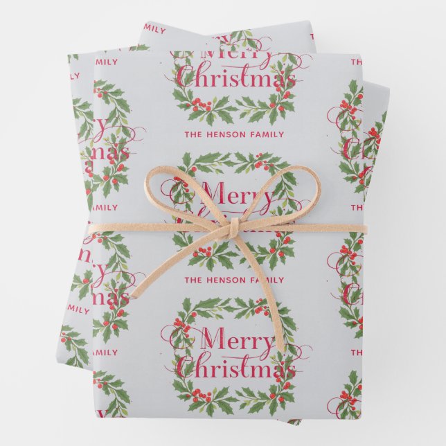 Elegant Holly Wreath Merry Christmas Wrapping Paper Sheets (In situ)