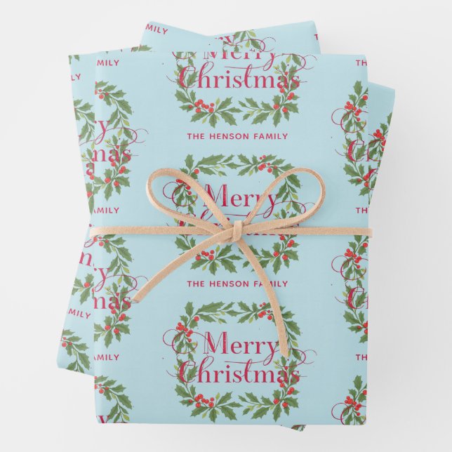 Elegant Holly Wreath Merry Christmas Wrapping Paper Sheets (In situ)