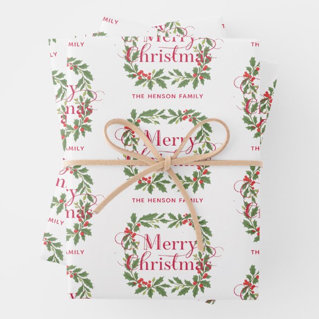 Elegant Holly Wreath Merry Christmas Wrapping Paper Sheets (In situ)