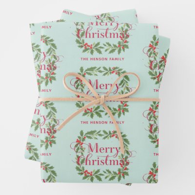 Elegant Holly Wreath Merry Christmas Wrapping Paper Sheets
