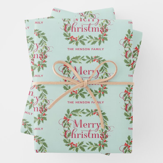 Elegant Holly Wreath Merry Christmas Wrapping Paper Sheets (In situ)