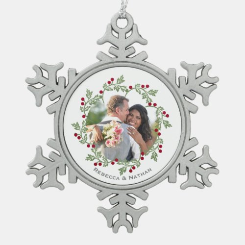 Elegant Holly Wreath Personalised Christmas Photo Snowflake Pewter Christmas Ornament