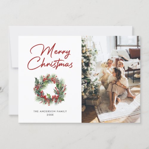 Elegant Holly Wreath Photo Merry Christmas Card