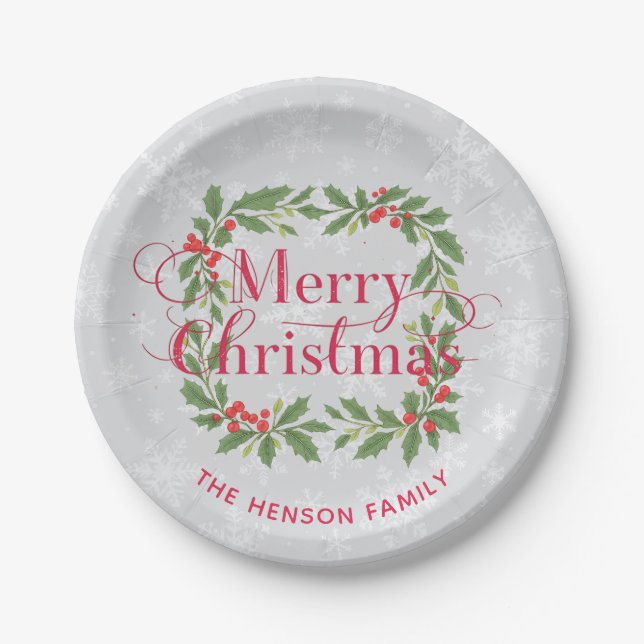 Elegant Holly Wreath Snowflakes Merry Christmas Paper Plates (Front)