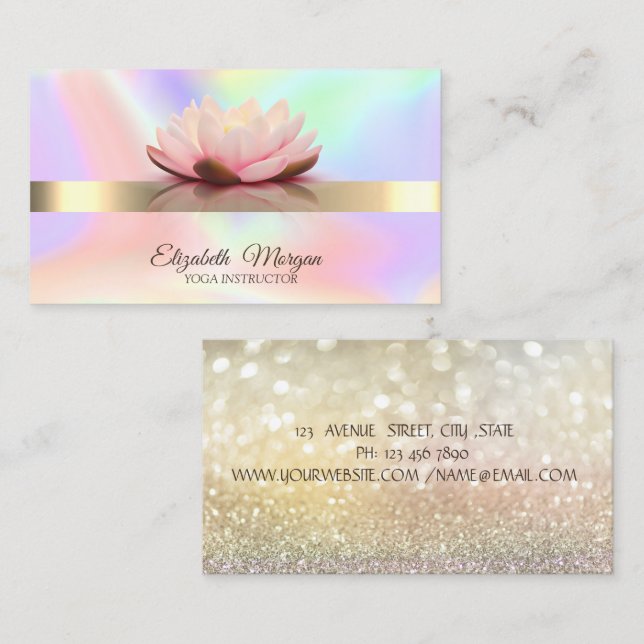 Elegant Holographic,Bokeh Gold, Lotus Flower Yoga  Business Card (Front/Back)