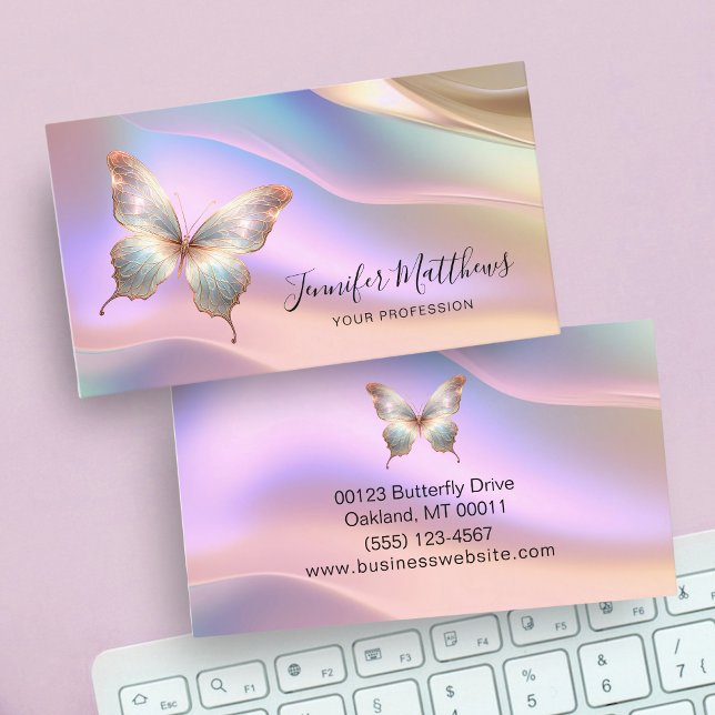 Elegant Holographic Butterfly Script  Business Card (Creator Uploaded)