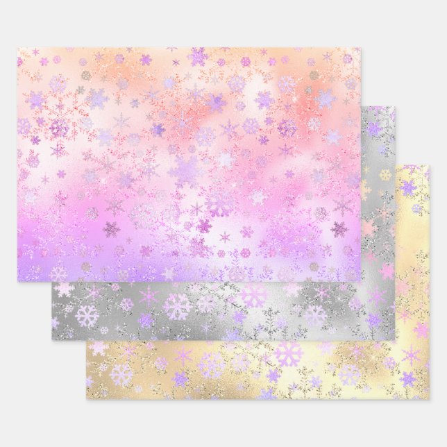 Elegant Holographic Christmas Snowflake Pattern Wrapping Paper Sheets (Set)