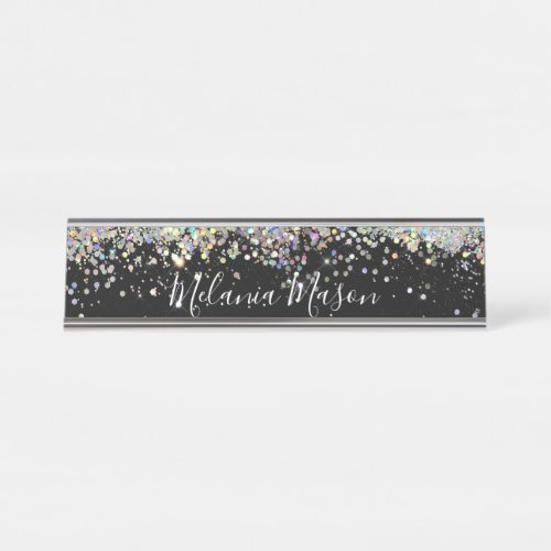 Elegant Holographic Glitter Black Desk Name Plate
