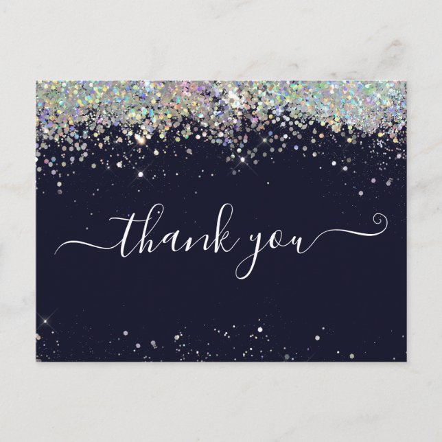 Elegant Holographic Glitter Blue Thank You Card (Front)