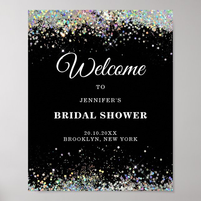 Elegant Holographic Glitter BRIDAL SHOWER Black Poster (Front)
