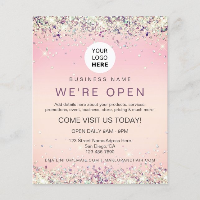 Elegant Holographic Glitter Custom Logo Pink Flyer (Front)