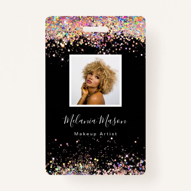 Elegant Holographic Glitter Makeup Artist Black Ba Badge (Front)